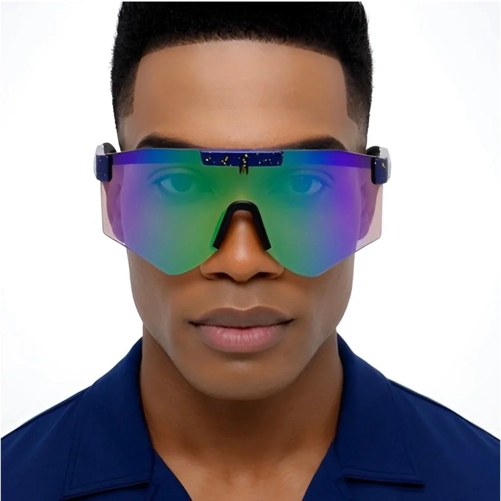 Mirrored Shield Sunglasses Blue Green Mirror Lens Splatter Paint Sporty Men Ski‎